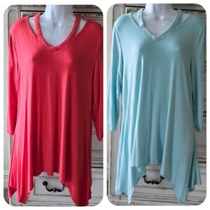Women's V-Neck Tops, Asymmetrical Length  - Tangerine And Aqua Blue Size L